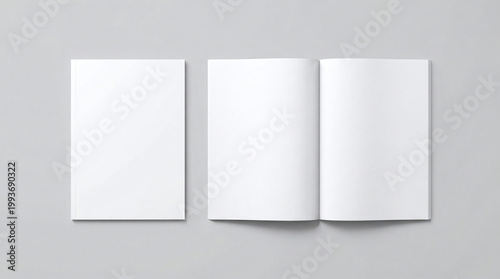 Blank White Magazine Book Brochure Mockup Closed and Open Spread View on Grey Background