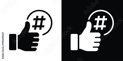A social media engagement icon featuring a thumbs up hand gesture with a hashtag symbol, ideal for representing likes, viral content, social trends, digital marketing, and positive feedback.