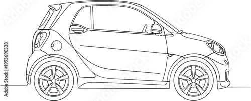 A detailed line drawing of a compact two-seater city car, showcasing its modern design and features