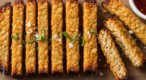 Delicious Crispy Tempeh Strips with Herbs and Dipping Sauce.