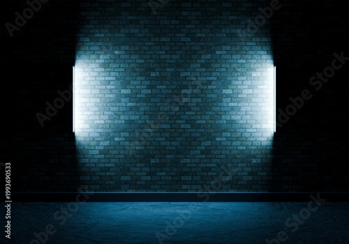 Cinematic blue neon empty room background with brick wall and concrete floor, futuristic sci-fi stage with twin glowing light bars, vertical spotlights for product mockup. 3D Rendering