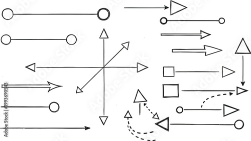Abstract black and white diagram with arrows circles and triangles