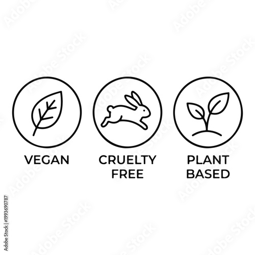 Vegan Cruelty Free and Plant Based Certification Icons for Ethical Product Labeling and Sustainable Packaging Design