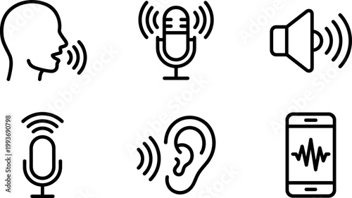 A set of six gray line icons on white background depicting audio and voice communication, including a human head with sound waves, microphone, speaker, another microphone with sound waves, human ear w
