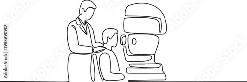 An ophthalmologist uses modern technologies to perform computer perimetry. Measuring the patient's visual field for timely diagnosis of glaucoma. one line Icon drawing