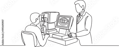 An ophthalmologist uses modern technologies to perform computer perimetry. Measuring the patient's visual field for timely diagnosis of glaucoma. one line Icon drawing