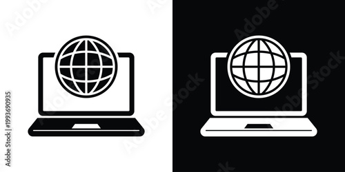 A professional icon illustration of a globe placed in front of a laptop screen, symbolizing global internet connection, worldwide web, digital networking, and remote communication.