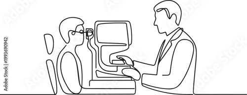 An ophthalmologist uses modern technologies to perform computer perimetry. Measuring the patient's visual field for timely diagnosis of glaucoma. one line Icon drawing