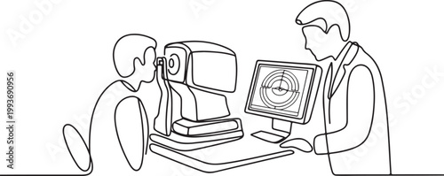 An ophthalmologist uses modern technologies to perform computer perimetry. Measuring the patient's visual field for timely diagnosis of glaucoma. one line Icon drawing
