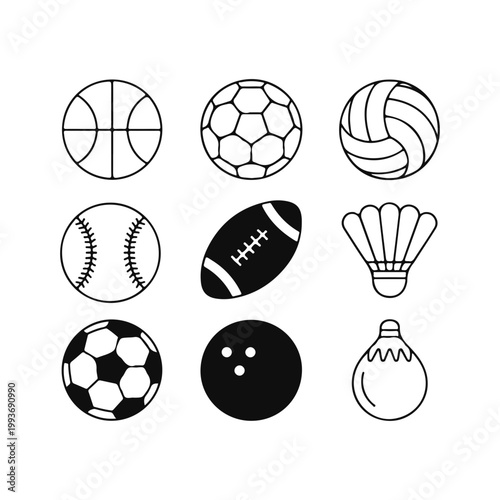 Sports Ball Basketball Soccer Football Baseball Icon Vector Set