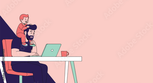 Productive father working on laptop from home while carrying happy little son on his shoulders.