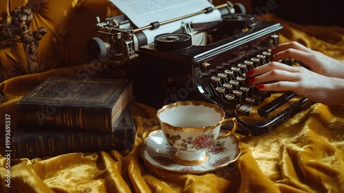 Close-up of a typewriter with hands typing