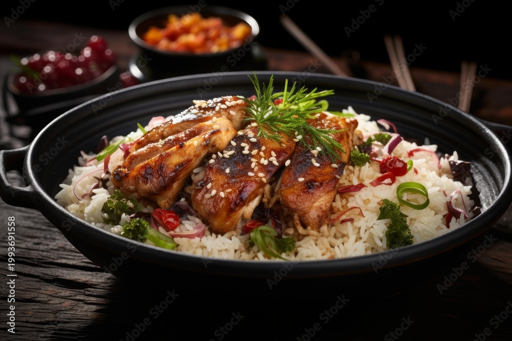 Fototapeta premium Glazed teriyaki chicken served over white rice with fresh vegetables and sesame seeds