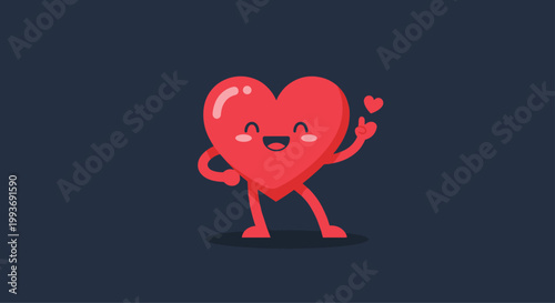Adorable red heart character with a smiling face posing happily on a dark blue background with small hearts for valentines.