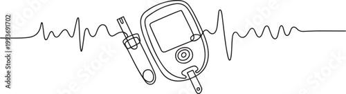 Continuous Line Art Blood Glucose Meter with EKG Wave, Glucose Monitoring Tools Line Art. one line Icon drawing