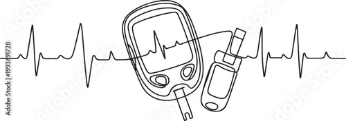 Continuous Line Art Blood Glucose Meter with EKG Wave, Glucose Monitoring Tools Line Art. one line Icon drawing