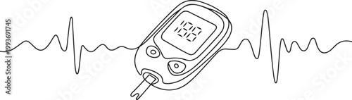 Continuous Line Art Blood Glucose Meter with EKG Wave, Glucose Monitoring Tools Line Art. one line Icon drawing
