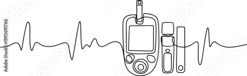Continuous Line Art Blood Glucose Meter with EKG Wave, Glucose Monitoring Tools Line Art. one line Icon drawing