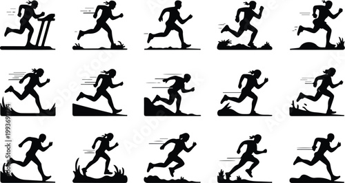 Running Silhouette Icon Collection Set Sport Running