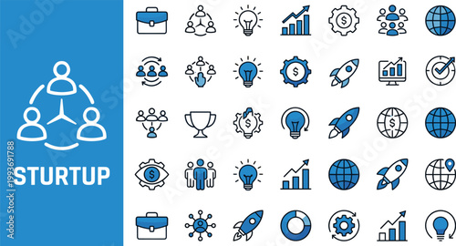 A set of 36 blue startup icons and infographics elements on a white background, featuring various business and technology symbols.