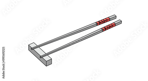 Modern gray chopsticks with red patterned ends resting on a matching rectangular chopstick holder for asian dining experience.