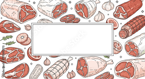 Decorative frame composed of various hand-drawn cuts of meat and garlic bulbs around a white rectangular space for custom text.