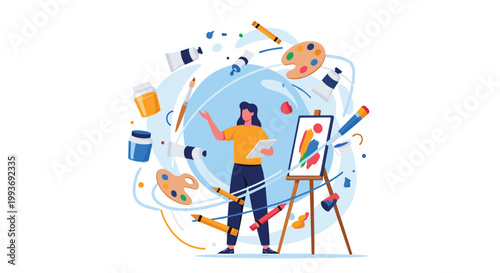 Creative woman artist painting on a canvas with various floating art supplies like brushes, palettes, and paint tubes for art class.