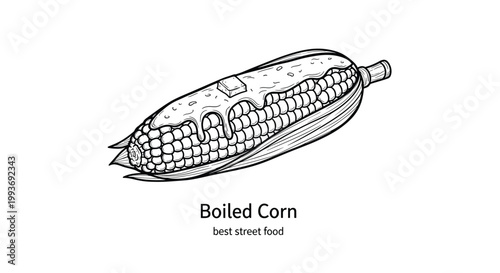 Detailed hand-drawn illustration of boiled corn on the cob with melted butter and the text best street food on a white background.