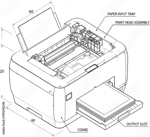 Diagrammatic representation of a modern office printer with labelled components and dimensions