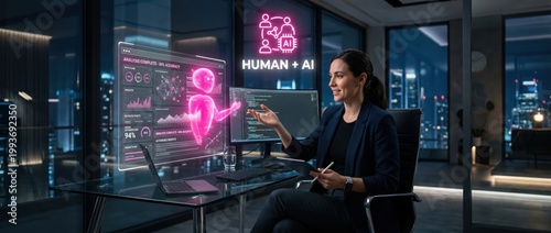 Woman interacting with holographic interface showing human and AI collaboration in modern office at night