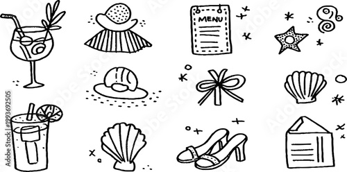 Hand-drawn aperitivo hour sticker sheet with cocktails spritz olives lemons shells and summer icons for scrapbook, sticker pack, packaging and background design