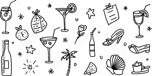 Summer aperitivo themed sticker sheet with wine and cocktail glasses citrus wedges shells palm and festive icons for sticker packs, scrapbook pages, labels and background use