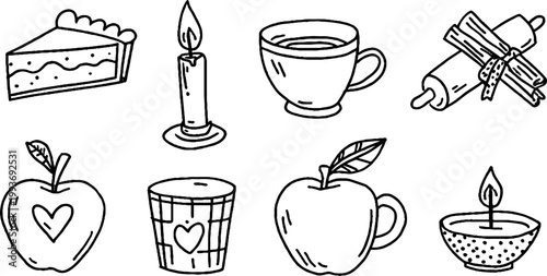 Hand-drawn apple cider and baking sticker sheet with pie slice rolling pin mug candle and cinnamon for autumn planner stickers and cozy seasonal design elements