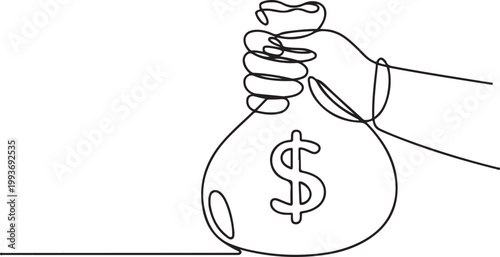 Dollar money bag in continuous one line drawing. Hand holding a sack with cash in simple linear style. one line Icon drawing