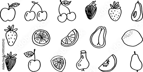 Black and white hand drawn fruit outline sticker sheet featuring apple cherry strawberry lemon pear peach and slices for planner labels coloring and crafts