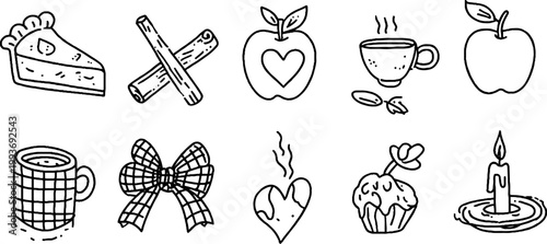 Cute hand-drawn baking and apple cider sticker sheet with pie slice mug bow heart cupcake and candle for autumn planner labels and cozy seasonal crafts