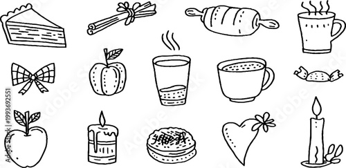 Cozy hand-drawn apple cider baking sticker sheet with pie slice cinnamon rolling pin mug candle and ribbons for autumn planner stickers, labels, and seasonal craft design