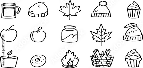 Simple lined autumn sticker sheet with apples maple leaves knit hats muffins and jars for fall planner layouts and craft design