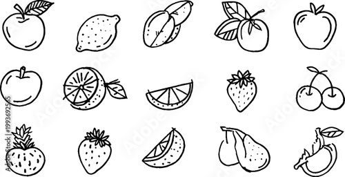 Hand drawn fruit sticker sheet with apples lemons peaches pears strawberries cherries slices and leaves for craft planner design