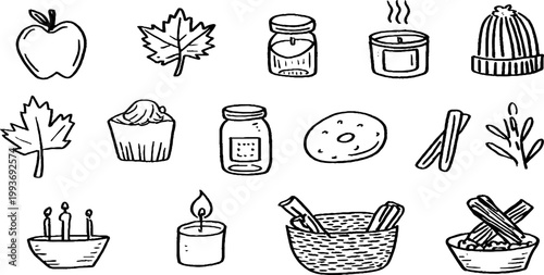 Assorted doodle style fall sticker sheet with apples maple leaves candles cupcakes donuts cinnamon sticks and baskets for seasonal crafts
