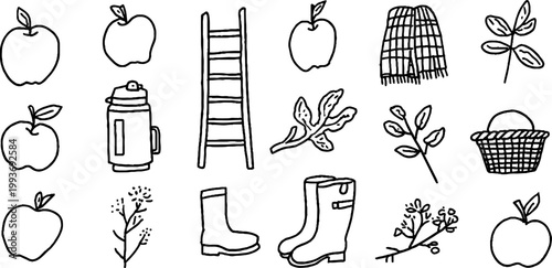 Hand drawn apple orchard sticker sheet with ladder plaid scarf and harvest elements for planner background and craft labels