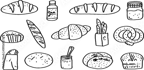 Black outline bakery sticker sheet featuring baguette croissant rolls jam jars and pastries for printable planner stickers and craft label design