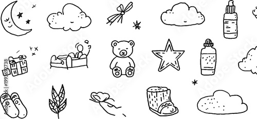 Hand drawn baby shower sticker sheet with moon clouds bottles teddy bears and gifts for invitations planner scrapbooking and nursery décor