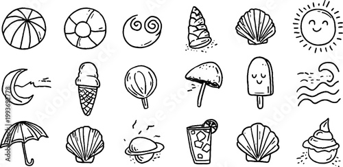 Hand drawn summer beach sticker sheet with outline icons of beach ball waves shells sunglasses ice cream popsicles for sticker design planner and scrapbook background