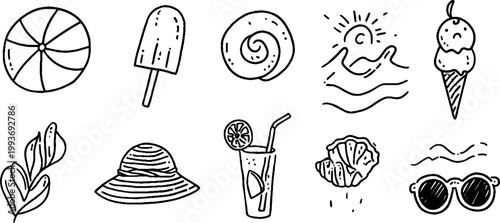 Hand drawn summer beach sticker sheet with outline icons of beach ball popsicle donut waves sun hat drink sunglasses for sticker design planner and scrapbook background