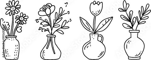 Handdrawn floral vase sticker sheet with simple black line bouquets in vases for planner stickers craft labels and printable design elements