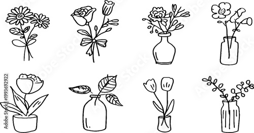 Hand drawn black line floral sticker sheet with bouquets, roses, tulips and vase sketches for planner embellishments and diy craft labels