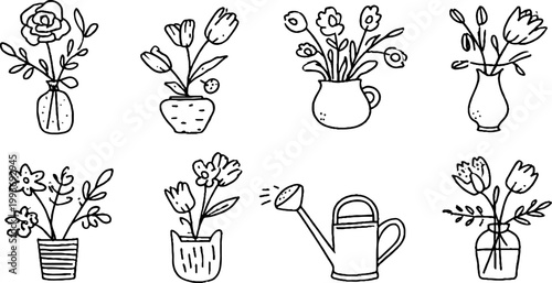 Monochrome hand drawn flower sticker sheet with small vases pots tulip stems and watering can doodles for planner decoration and craft labels