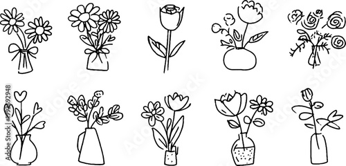 Floral sticker sheet hand drawn bouquets daisies roses tulips in assorted vases black outline sketches for planner and paper craft use