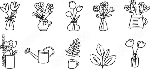 Hand drawn floral sticker sheet featuring tulip bouquets vases watering can leaves and simple botanical sketches for planner crafts